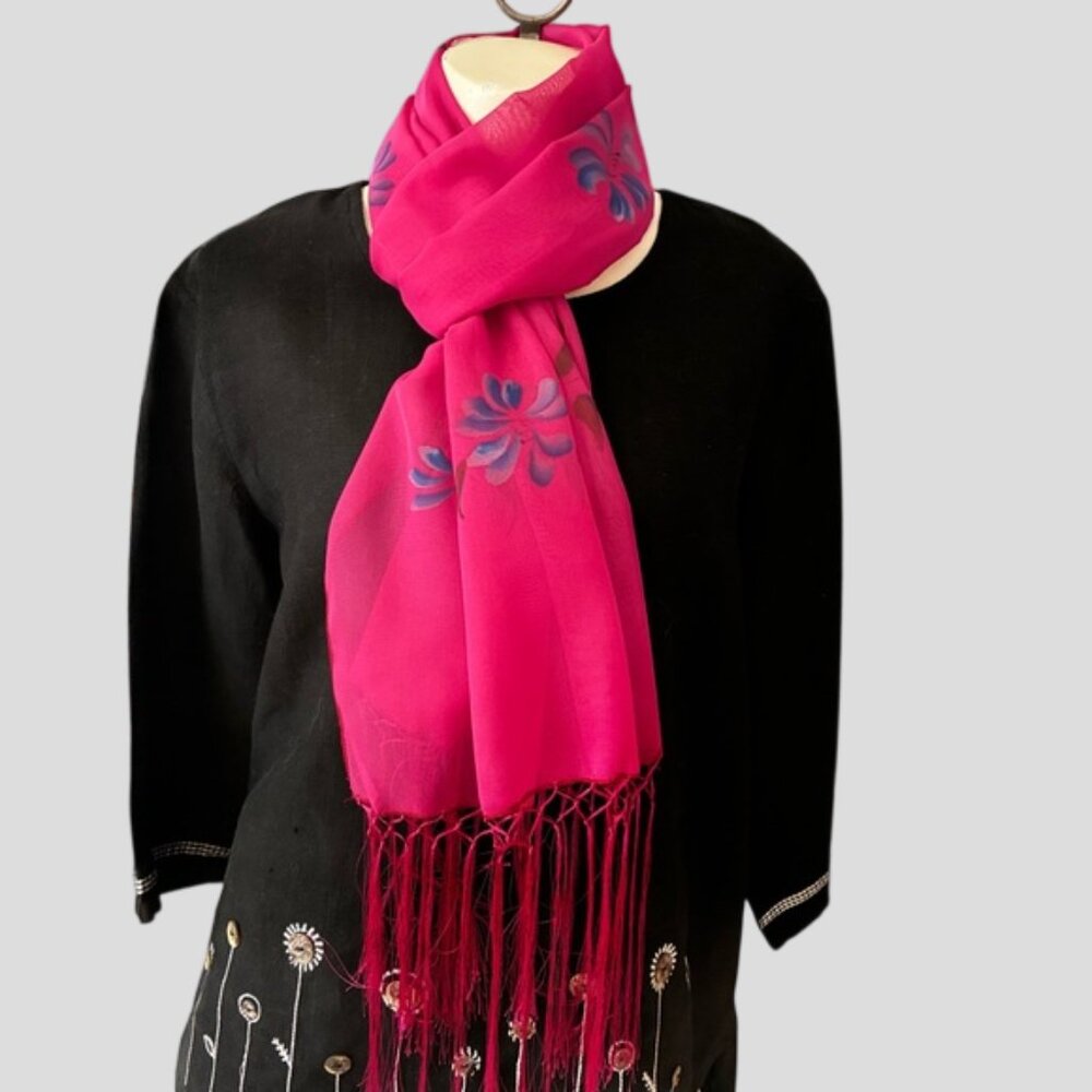 Dark Pink Rectangle Scarf Floral Motif With Tassels